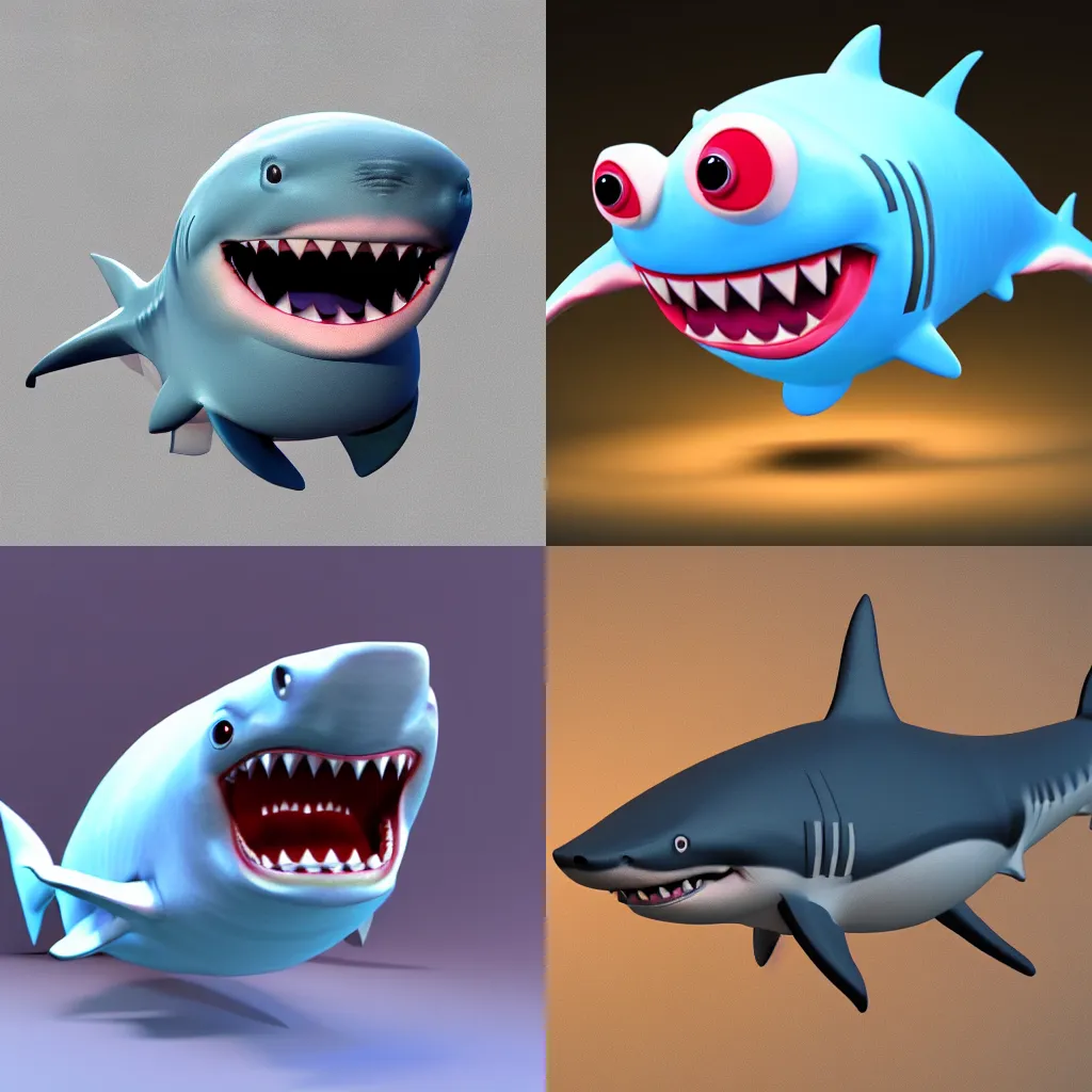 Prompt: 3 d render of a cute and fat cartoon shark, studio lighting,