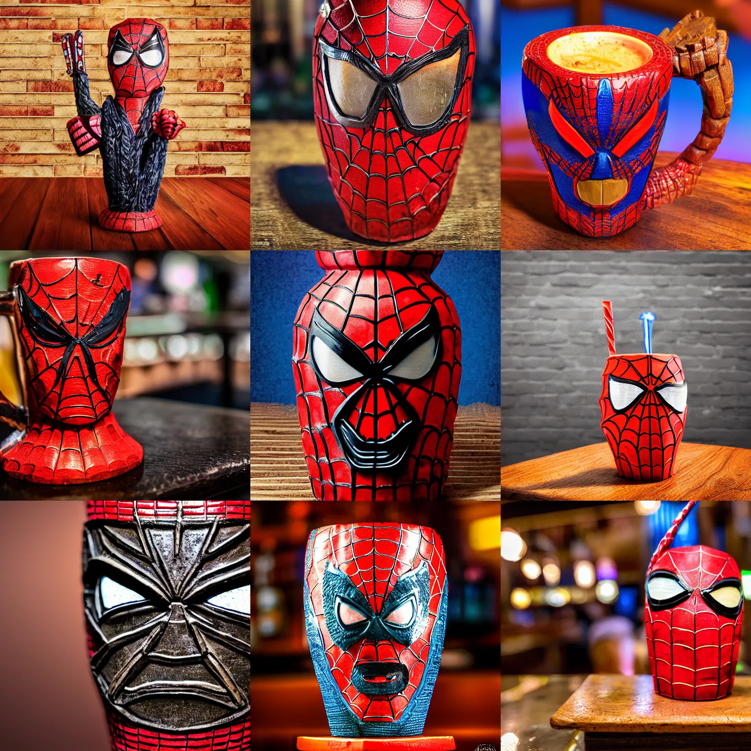 Prompt: a closeup photorealistic photograph of a spider man style tiki mug sitting at a trader vic's bar featuring spider man's face. tiki theme. bright scene. fine detail. this 4 k hd image is trending on artstation, featured on behance, well - rendered, extra crisp, features intricate detail, epic composition and the style of unreal engine.