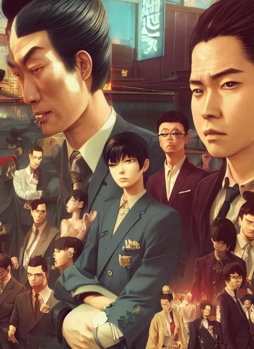 Image similar to highly detailed portrait of yakuza 0, stephen bliss, unreal engine, greg rutkowski, loish, rhads, beeple, makoto shinkai and lois van baarle, ilya kuvshinov, rossdraws, tom bagshaw, tom whalen, alphonse mucha, global illumination, god rays, detailed and intricate environment