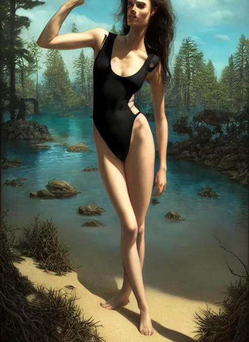 Prompt: in a stylish black swimsuit, on the sandy beach of a blue lake in a pine forest, hyperrealism, no blur, 4 k resolution, ultra detailed, style of tyler edlin, tom bagshaw, arthur rackham, ivan shishkin