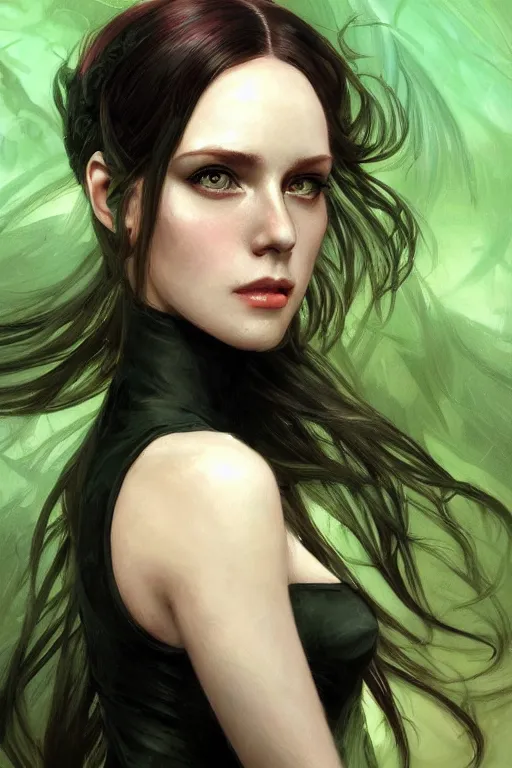 Image similar to portrait of a dark fantasy seductive female necromancer, stylish black dress, green eyes, long red hair, fantasy, elegant, intricate, full frontal shot, highly detailed, digital painting, artstation, concept art, sharp focus, illustration, art by artgerm and greg rutkowski and alphonse mucha