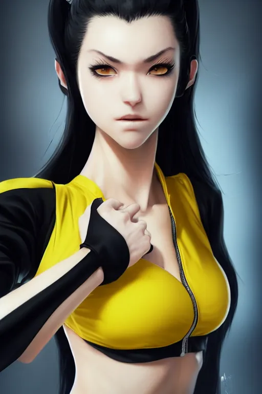 Image similar to black ponytail hair, pale woman in a black unzipped jacket and yellow bikini, yellow eyes, by artgerm, black backdrop, masterpiece, beautiful render, matte painting, realistic, fighting pose, dynamic angle, beautiful face, young half asian woman, by greg rutkowski makoto shinkai takashi takeuchi