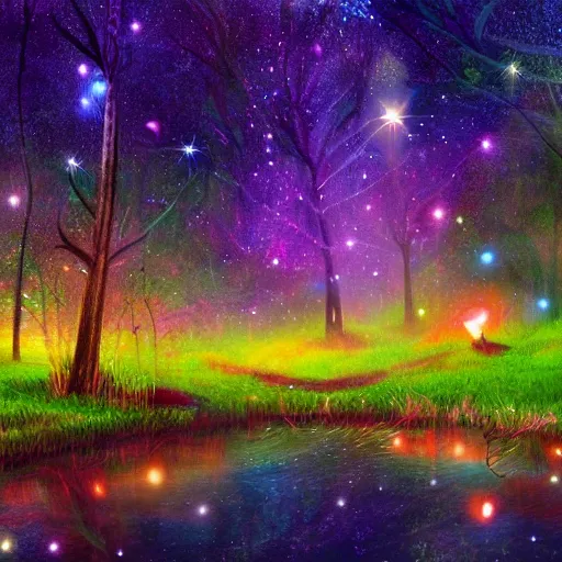 Prompt: a glowing magical sparkling swamp, firefly, dark, night, peaceful, digital painting.