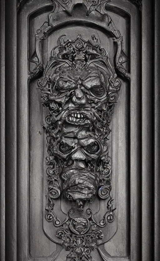 Prompt: port door with carved sinister face head. meduza gorgona. cast iron. gothic medieval baroque. symmetry. epic. ominous shapes. hyper detailed. photoreal. trending on artstation