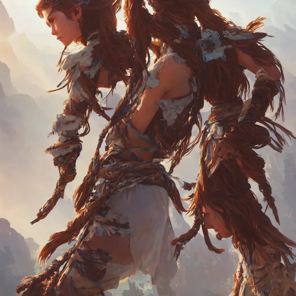 Prompt: full-body character art of Aloy from Horizon: Zero Dawn, highly detailed, digital painting, artstation, concept art, smooth, sharp focus, beautiful face, illustration, art by Artgerm and greg rutkowski and alphonse mucha