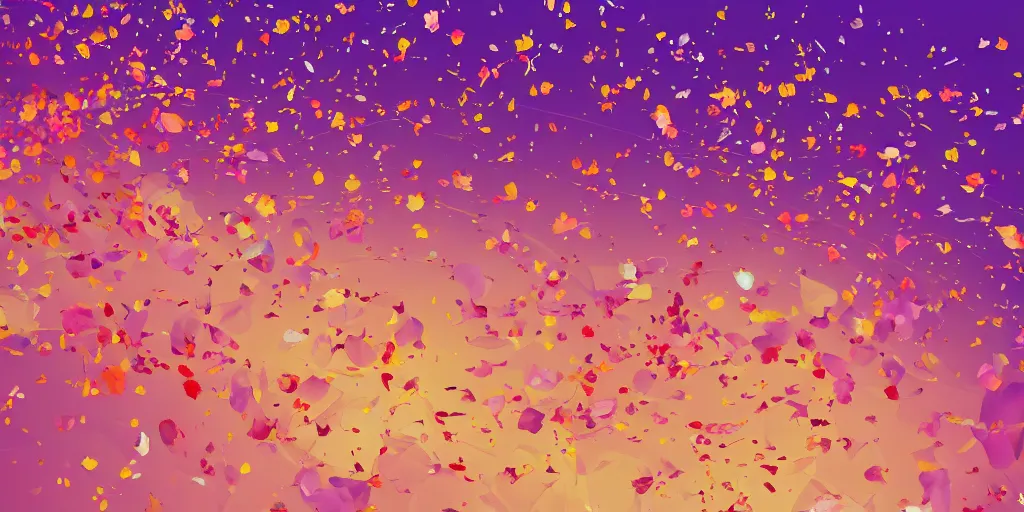 Prompt: background art of spaciously scattered flower petals flowing and floating through the blowing swirling directional wind from left to right on a simple sunset background, large individual rose petals, angular background elements, polygonal fragments, anime, artgerm, manga, trending on artstation, art nouveau, mature color scheme