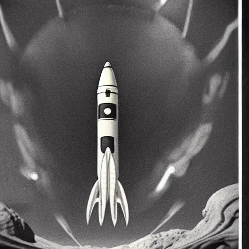 Image similar to an octane 3 d render of a rocket flying though space being chased by aliens in the style of h. r. giger, 1 9 7 3 photo from life magazine, smooth, ultra detailed,