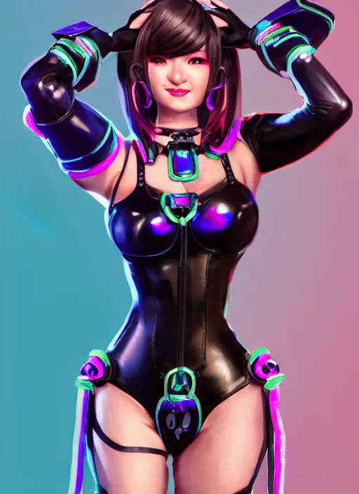 Prompt: full body digital artwork of dva overwatch, wearing black iridescent rainbow latex bikini, 4 k, expressive happy smug expression, makeup, in style of mark arian, wearing detailed black leather collar, wearing chains, black leather harness, leather cuffs around wrists, detailed face and eyes,