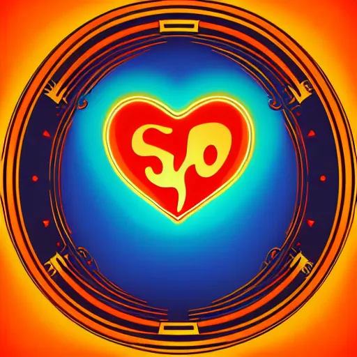 Image similar to cartoon heart on fire logo, burning, flames, symmetrical, washed out color, centered, art deco, 1 9 5 0's futuristic, glowing highlights, peaceful