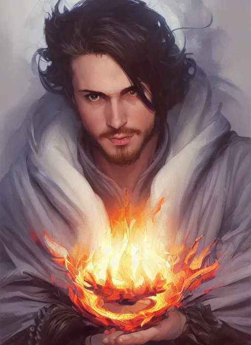 Image similar to character concept portrait of an attractive young focused Spanish wizard with pale red enchanting a flaming fire spell, a floating burning spell book in the center, intricate, elegant, digital painting, concept art, smooth, sharp focus, illustration, from Metal Gear, by Ruan Jia and Mandy Jurgens and William-Adolphe Bouguereau, Artgerm