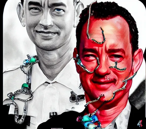 Image similar to Tom hanks as forrest gump wearing a necklace made out of shrimps around the neck, realistic face, digital art, in the style of Marta Dahlig, amazing detail, artstation, long shot