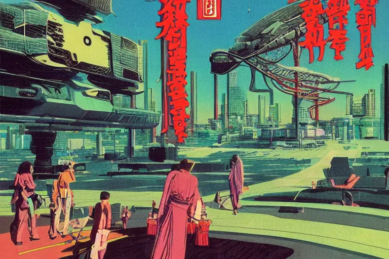 Prompt: 1 9 7 9 omni cover of a lush gated park in the middle of neo - tokyo. art in cyberpunk style by dali, and vincent di fate