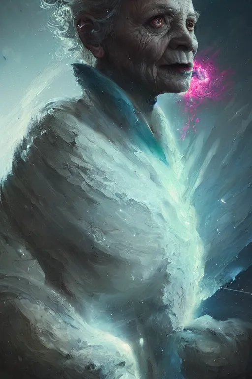 Prompt: the look of an elderly person full of wrinkles and imperfections, tornado by artgem and greg rutkowski, highly detailed, vivid colors, trippy, nebula, trending on artstation