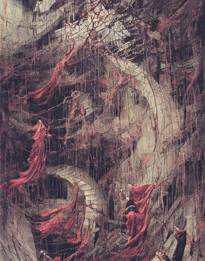 Prompt: worshippers in robes ascend a spiral staircase, spiral staircase, interior, beksinski painting, part by adrian ghenie and gerhard richter. art by takato yamamoto. masterpiece, deep colours