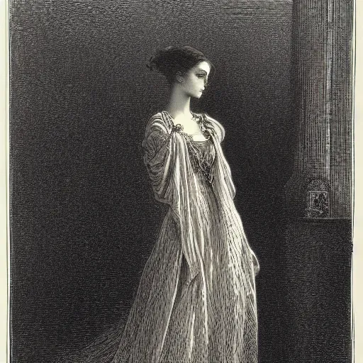 Image similar to Woman in a victorian dress, dramatic light, high contrast, illustration by Paul Gustave Doré