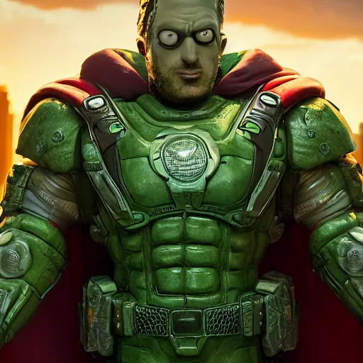 Image similar to pickle rick as superman! in gears of war, splash art, movie still, detailed face, photorealistic facial features, cinematic lighting, dramatic, octane render, long lens, shallow depth of field, bokeh, anamorphic lens flare, 8 k, hyper detailed, 3 5 mm film grain