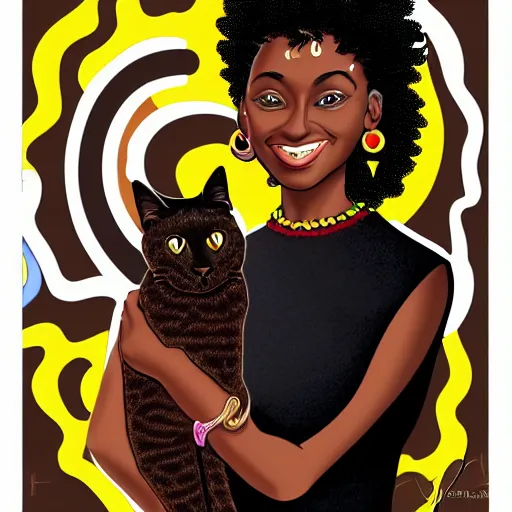 Image similar to an adult black woman, light skin, colorful ornate earrings, curly 3 c black hair, smile on her face, brown eyes, holding her small black bombay cat in the style of alex grey, trending on art station 8 k