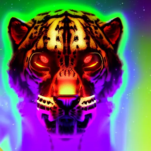 Image similar to portrait of a neon cyberpunk cyborg jaguar animal, octane render