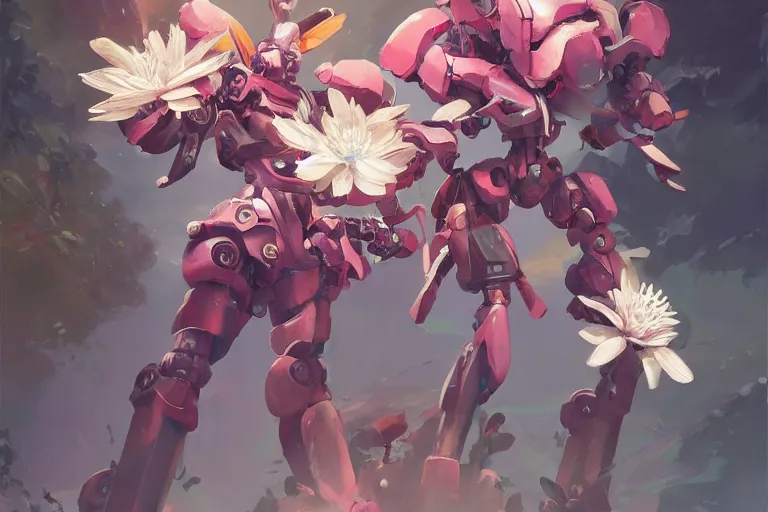 Prompt: flower headed combat mecha whose top half is shaped like a waterlily, bandai box art, behance hd artstation by jesper ejsing, rhads, makoto shinkai, lois van baarle, ilya kuvshinov, ossdraws, laurie greasley, victo ngai, andreas rocha, gundam box art