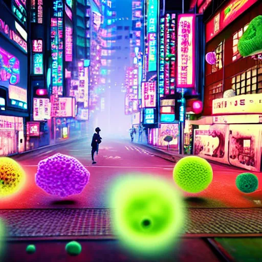 Image similar to giant colorful bright microbe and virus and dna and bacteriophage eat people in streets, neo - tokyo, realistic, 8 k, ultra detailed