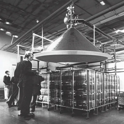 Image similar to scientists discovering a advanced ufo in a warehouse in 1 9 7 0, black and white, hyper realistic, 4 k, highly ornate intricate details, sharp image, incredible detail,