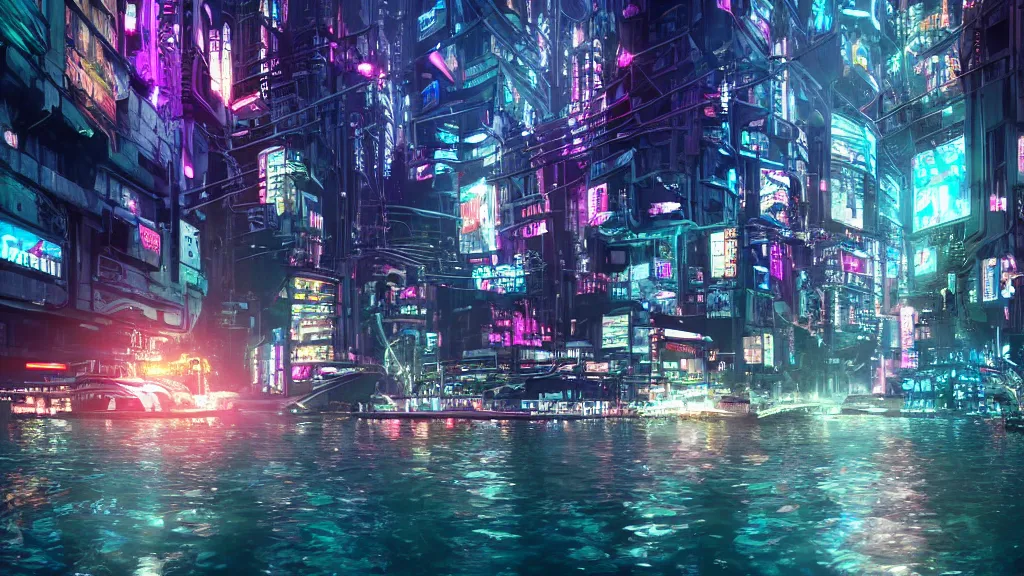 Image similar to immersed in cyberpunk city built underwater, submerged, nighttime, fluorescent led, concept art, cinematic, volumetric lighting, futuristic,, hyperrealistic, highly detailed, colourful 4 k hd