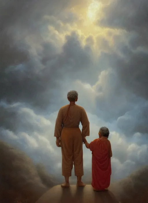 Image similar to portrait of a indigenous grandparents in the clouds, smiling, protection, benevolence, ancestors, art by christophe vacher