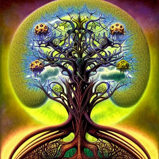 Image similar to tree of life by roger dean and andrew ferez, art forms of nature by ernst haeckel, divine chaos engine, symbolist, visionary, art nouveau, botanical fractal structures, lightning, surreality, lichtenberg figure