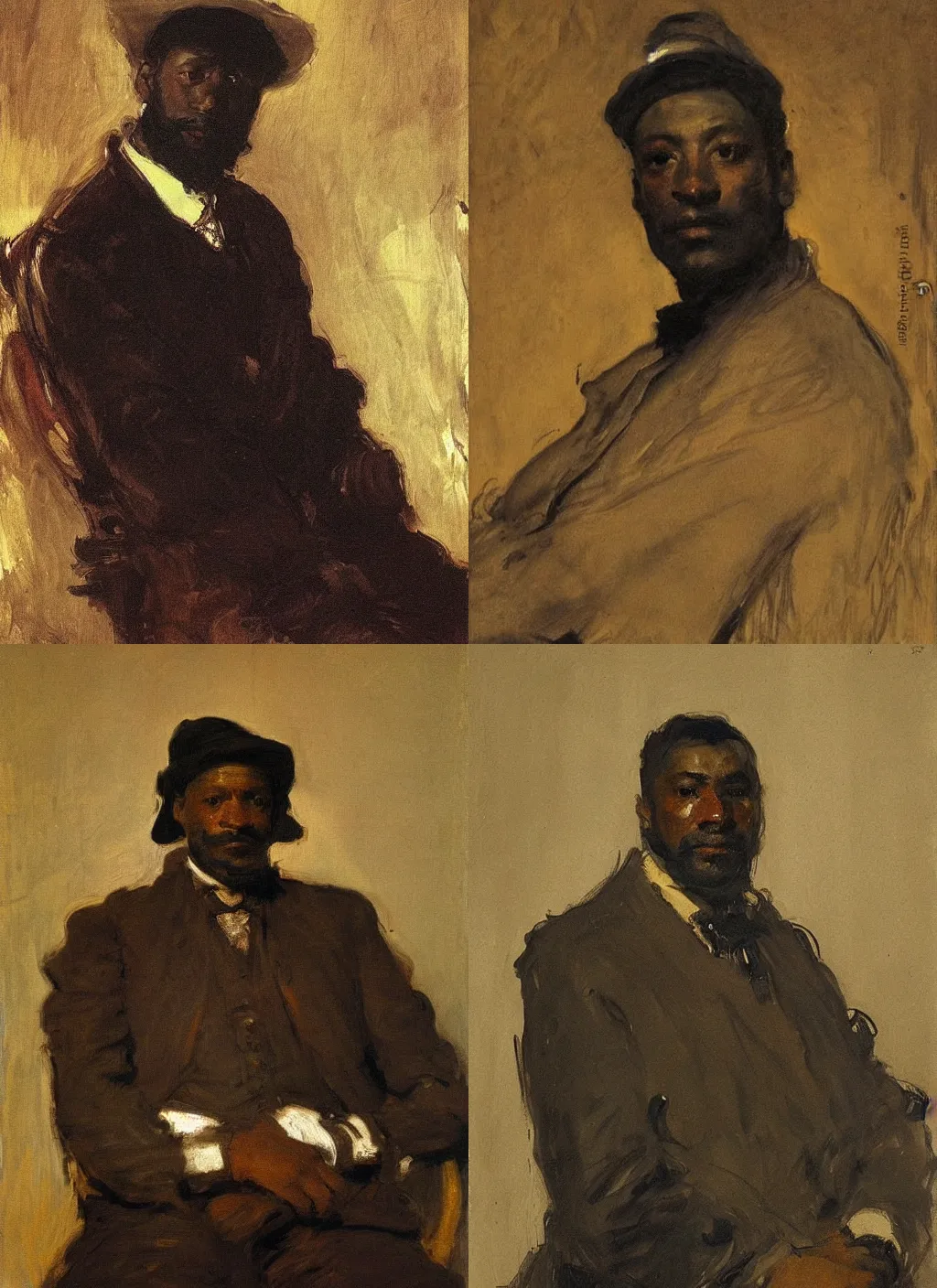 Prompt: Dark skin man portrait, John Singer Sargent, Rembrandt, Rutkowski,