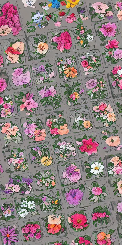 Prompt: flowers, unused sticker sheet, display grid, 2 0 px gap