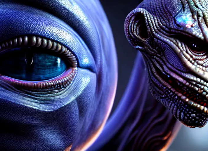 Image similar to hyperrealism, detailed textures, photorealistic 3 d render, an alien with cobalt coloured eyes in a super star system from 5 million years ago, sharp focus, ultra realistic, ultra high pixel detail, cinematic, intricate, cinematic light, concept art, illustration, art station, unreal engine 8 k