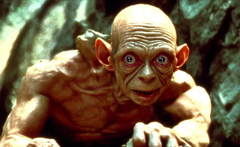 Prompt: a still of gollum in indiana jones and the last crusade ( 1 9 8 9 ),