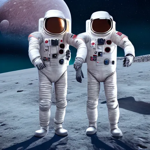 Image similar to A hyper real comic book style portait painting of Neo and agent Smith on the moon in astronaut suits, unreal 5, hyperrealistic, octane render, cosplay, RPG portrait, dynamic lighting