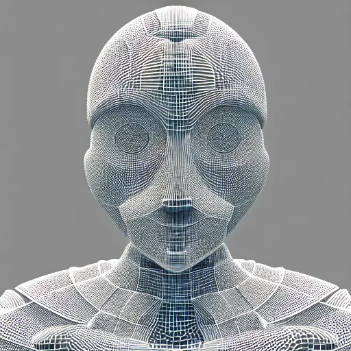 Image similar to a 3 d render of a white robot head structure made of hundreds of tiny white spheres, highly detailed, vfx, plain white background, trending on artstation