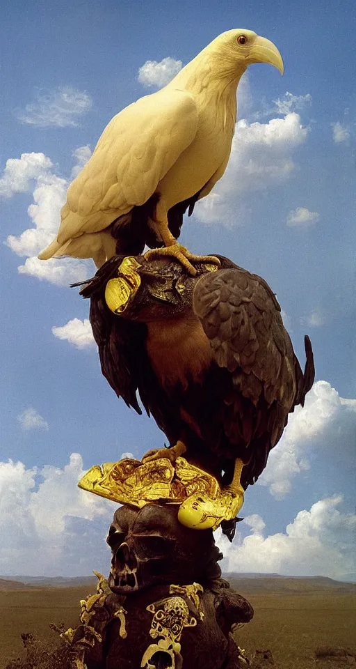 Image similar to photographic masterpiece of an albino raven standing on a golden skull with mexican pattens, annie leibovitz, frederic leighton, roger dean