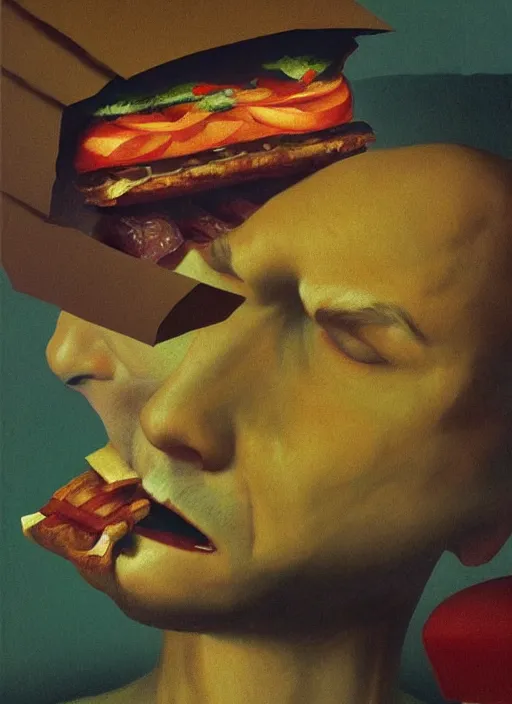 Prompt: hungry hamburger eating a man with a paper bag over his head Edward Hopper and James Gilleard, Zdzislaw Beksinski highly detailed