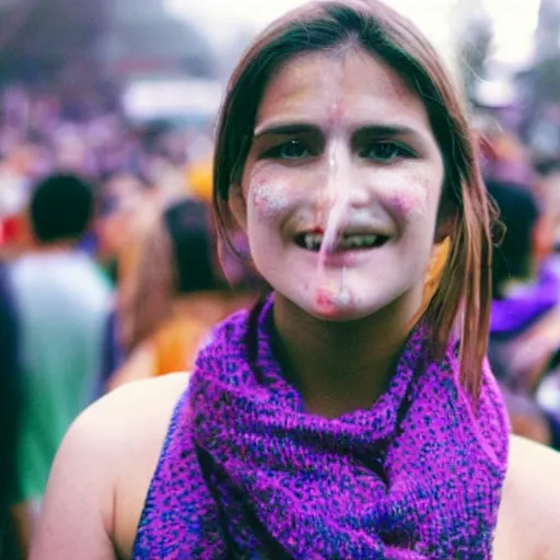Prompt: ultra high resolution close - up of a beautiful young woman standing in crowd of psytrance music festival, looking down at the camera. her face is partially obscured by a purple scarf, and she has a smiling expression. the light is dim, and the colours are muted. kodak etkar 1 0 0.
