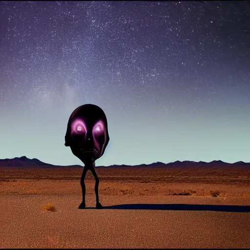 Prompt: A realistic photo of an alien in a desert in Nevada, X-Files, documentary, realistic, cinematic, extremely high detail, 8k, cinematic