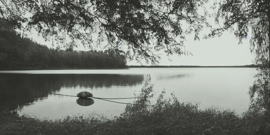 Image similar to symmetrical photograph of an long rope floating on the surface of the water, the rope is snaking from the foreground towards the center of the lake, a dark lake on a cloudy day, trees in the background, moody scene, dreamy kodak color stock, anamorphic lens