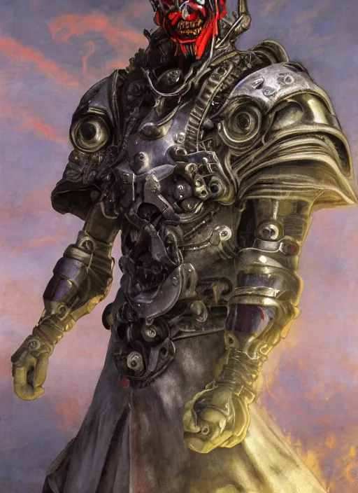 Image similar to portrait of a diabolical cyborg clown samurai, torn cape, adaptive armor, dynamic pose, heavy eyes to the side, ancient ruins, glowing veins subsurface scattering, in clouds, sunset, portrait, by gerald brom, by mikhail vrubel, by peter elson, muted colors, extreme detail, reflections, trending on artstation, 8 k