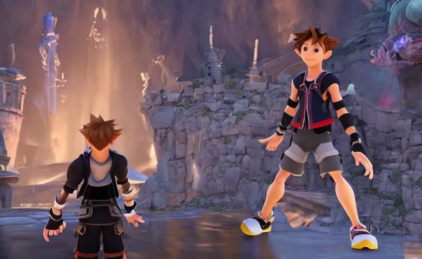 Image similar to Tom Holland as Sora in 'Kingdom Hearts: Fate of Light' (2017), movie still frame, oscar nominated cinematography, volumetric lighting, 8k resolution