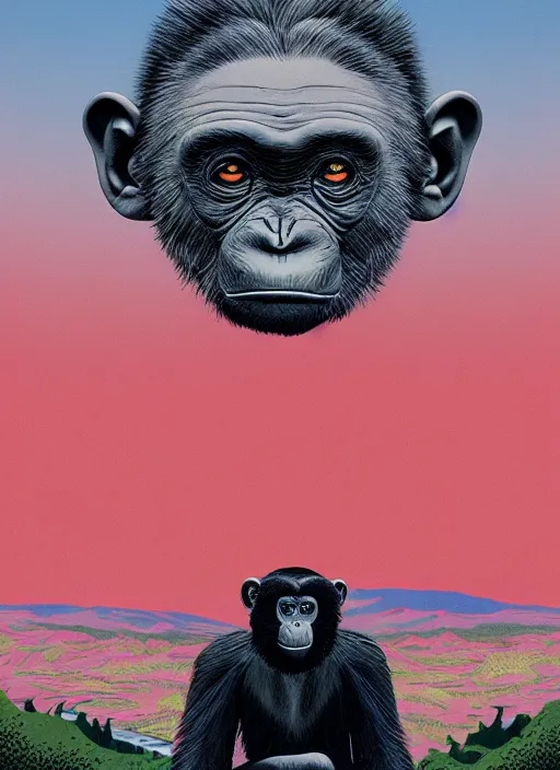 Image similar to Twin Peaks movie poster artwork by Michael Whelan and Tomer Hanuka, Rendering of a chimpanzee, from a scene from Twin Peaks, clean, full of detail, Matte painting, trending on artstation and unreal engine