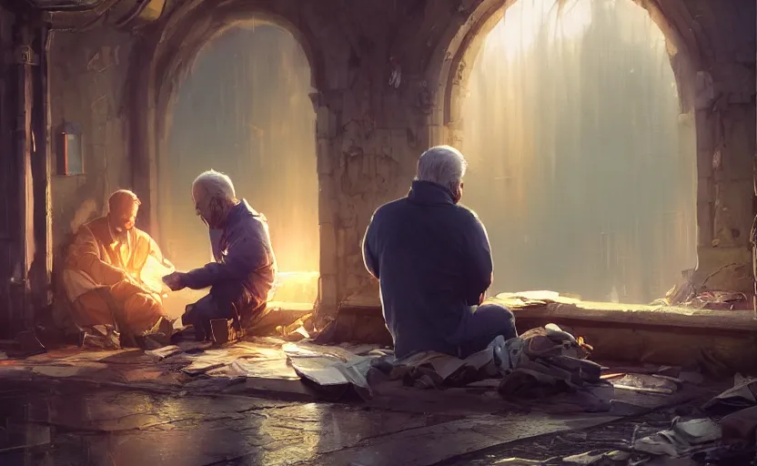 Prompt: highly detailed portrait of joe biden as a homeless, conversing with himself, stephen bliss, unreal engine, fantasy art by greg rutkowski, loish, rhads, ferdinand knab, makoto shinkai and lois van baarle, ilya kuvshinov, rossdraws, tom bagshaw, global illumination, radiant light, detailed and intricate environment