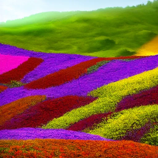 Prompt: a hill with flowers, colors red, yellow, purple, Photoshot, realistic