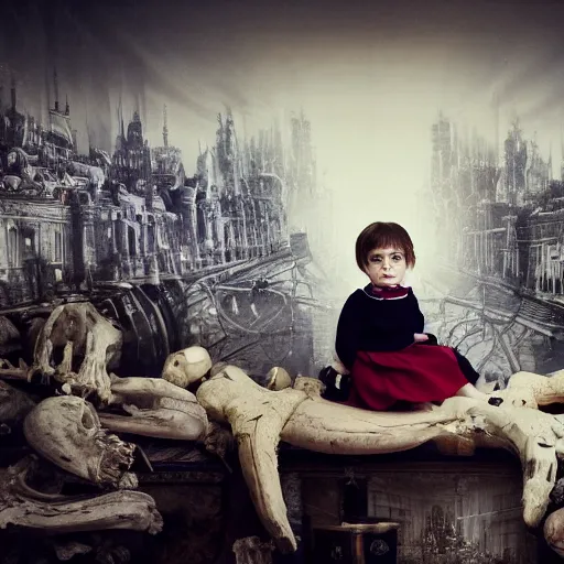 Image similar to a color photo of young sad victorian gothic child with big eyes and wide grin sitting on a sofa of bones surrounded by a cyber futuristic cityscape made of human body parts, ultra detailed, 8 k resolution, beautiful lighting, expansive detailed layered city, landscape, sigma 8 5 mm, award winning photography