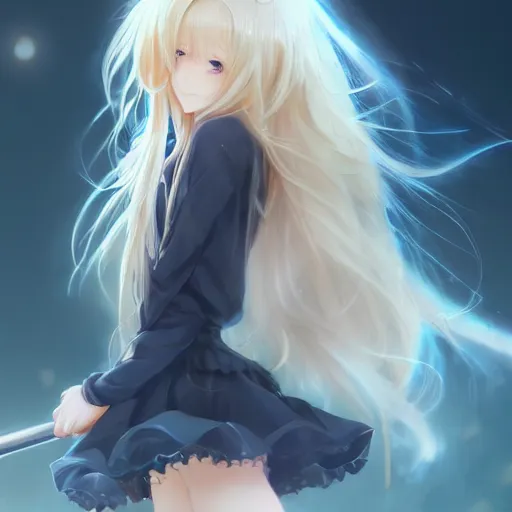 Image similar to a very beautiful anime cute girl, full body, long wavy blond hair, sky blue eyes, full round face, short smile, fancy top, miniskirt, front view, medium shot, mid-shot, highly detailed, cinematic wallpaper by Stanley Artgerm Lau