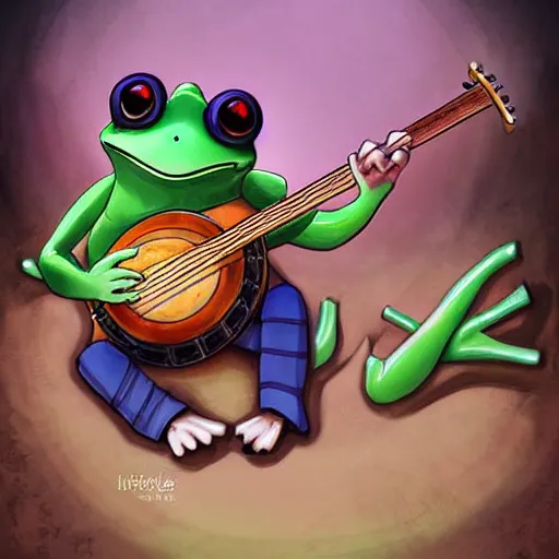 Image similar to cute anthro anime frog playing the banjo, digital art