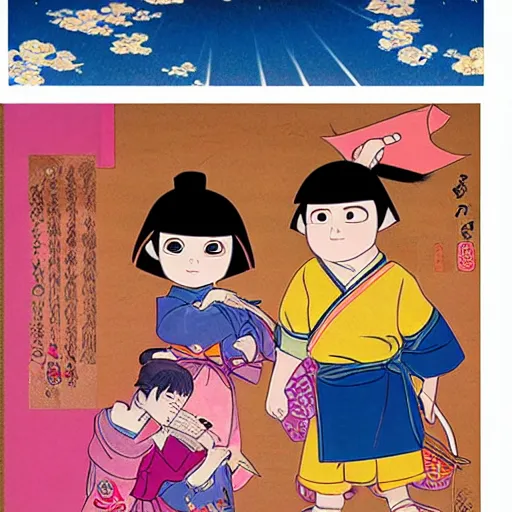 Image similar to real girl dora the explorer and boot the monkey ukiyo-e highly detailed