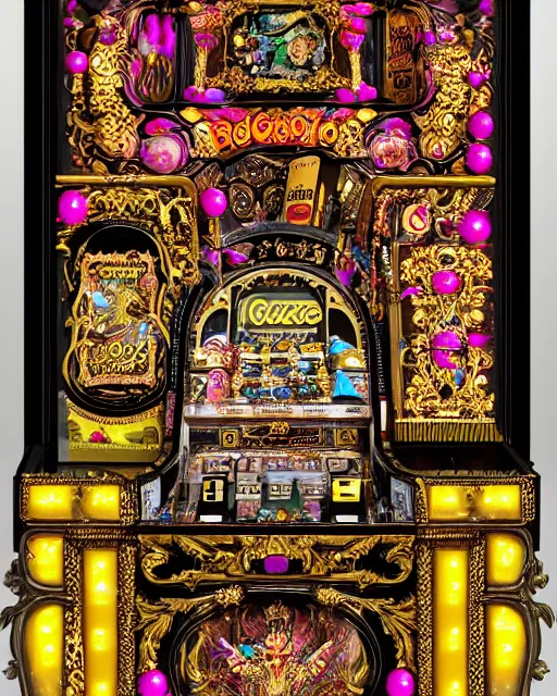 Prompt: baroque rococo-style bedazzled gothic royalty frames surrounding an slots pinball machine of pixelsort energy drink made out of glowing ooze, radioactive candy worms, and fairy magick.