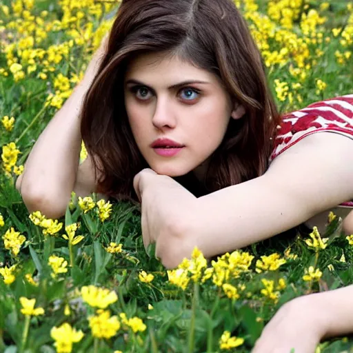 Prompt: alexandra daddario laying in a field of flowers with bees all over them